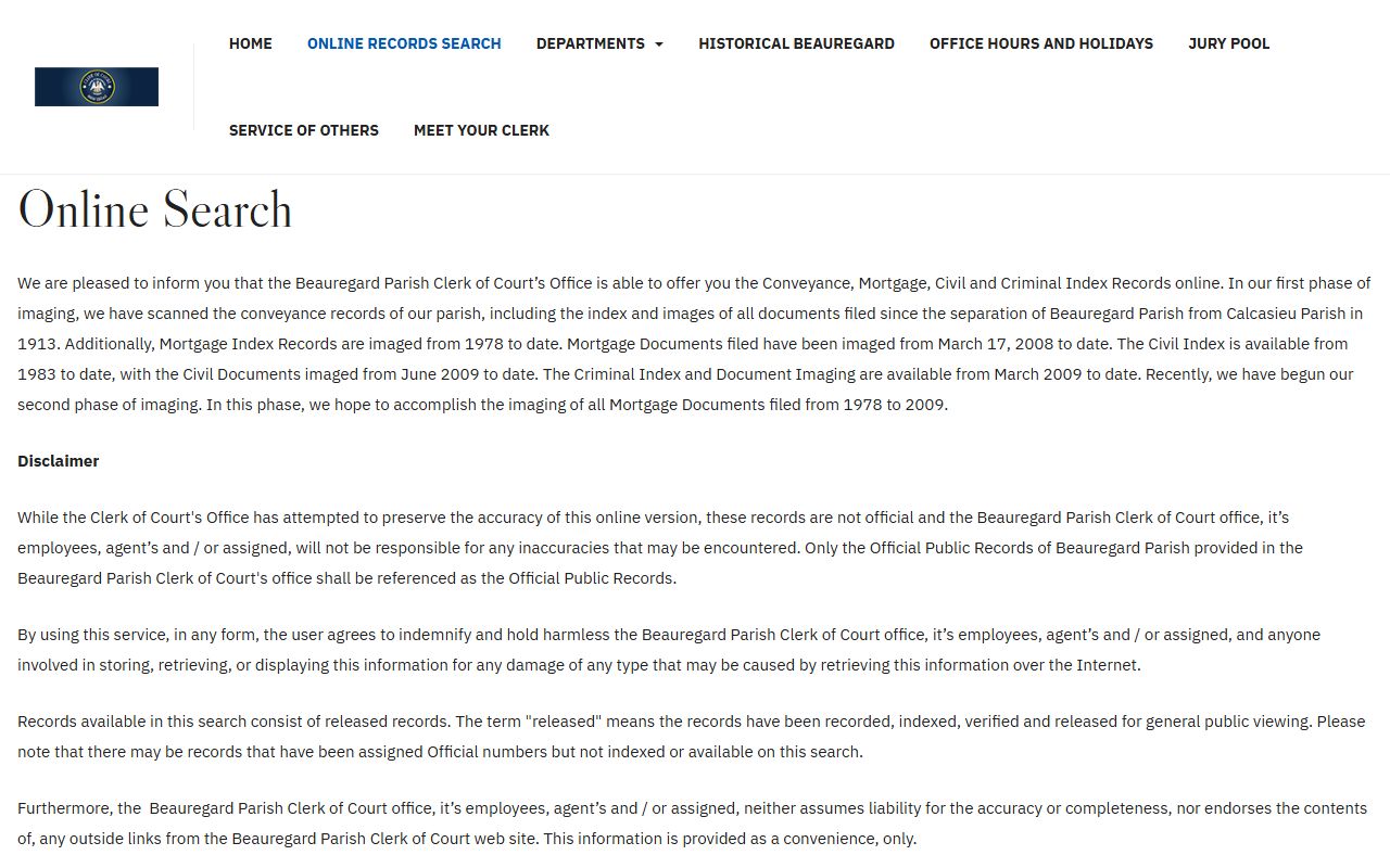 Beauregard Parish court records after jail arrest Clerk online records search page