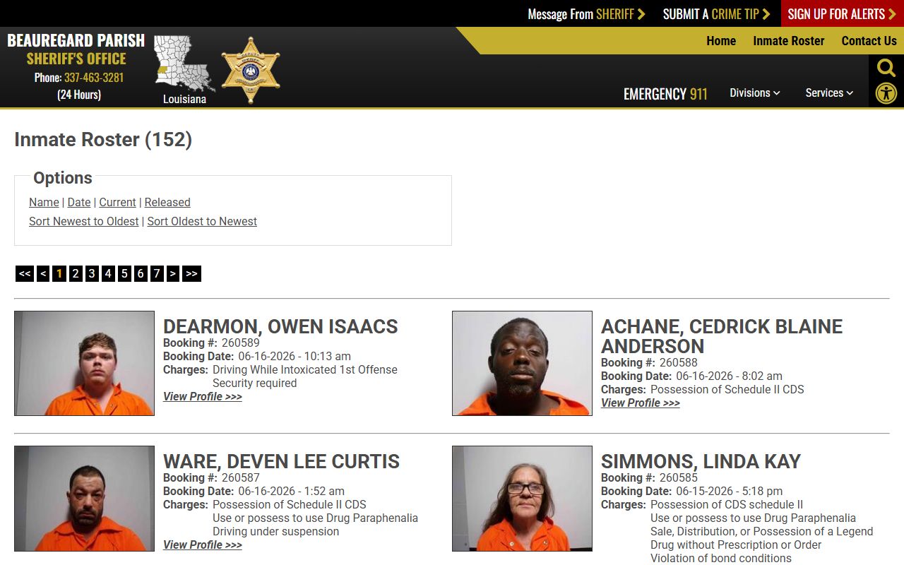 Beauregard Parish inmate population current jail roster with booking photos and charge fields