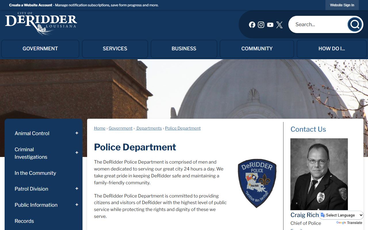 DeRidder Police Department Holding Facility official contact page