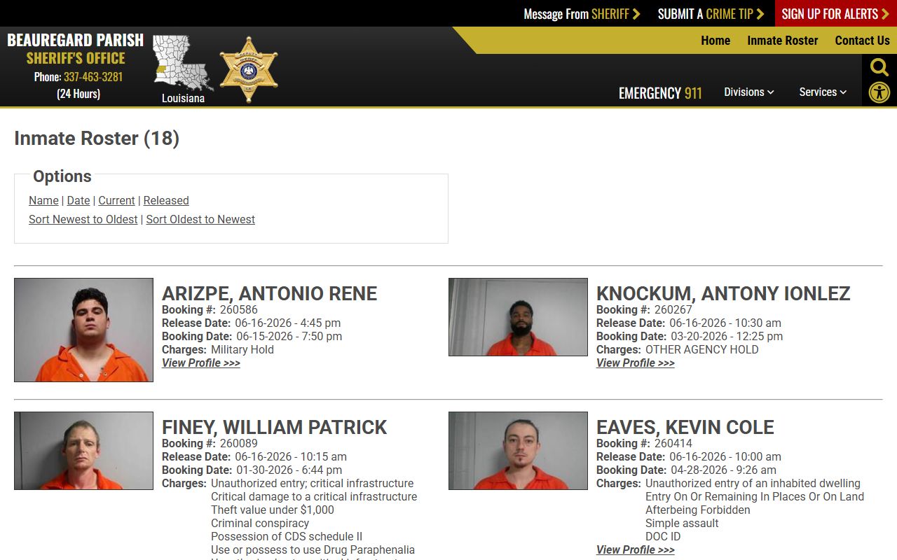 Beauregard Parish inmate population 48-hour release roster