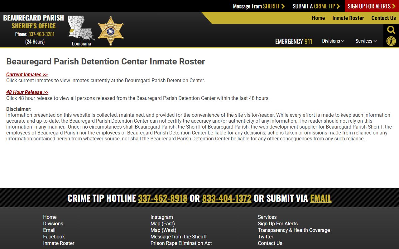 Beauregard Parish inmate records roster choice page for current inmates and 48 hour release